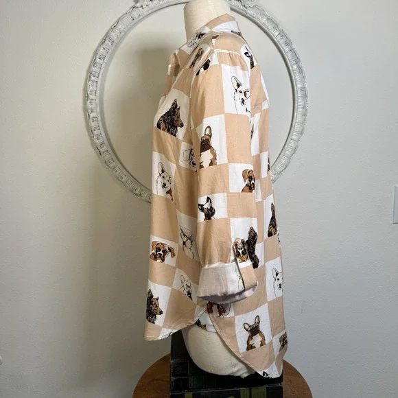 Jane and Delancey Dog Print Button Up Shirt Womens Frenchie Poodle Corgy Med Art - Picture 3 of 16